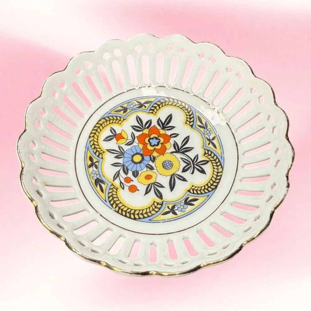 Vintage Germany Reticulated Lattice Floral Bowl Gold Trim Art Deco 5 Inch